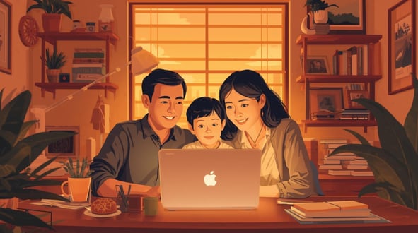 “Illustration of a family business in a cozy home office in a South Austin neighborhood, parents and adult child looking at a laptop with a