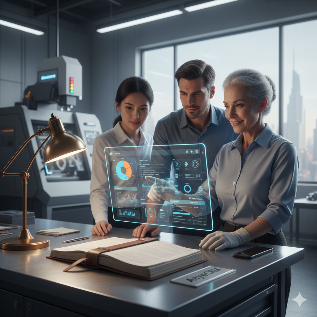 A senior female business owner and two younger successors in a modern industrial workshop using a digital Salesforce dashboard. The image shows a transition from a traditional leather-bound ledger on the desk to a high-tech holographic interface, symbolizing the modernization of a family business legacy via AeyeCRM.